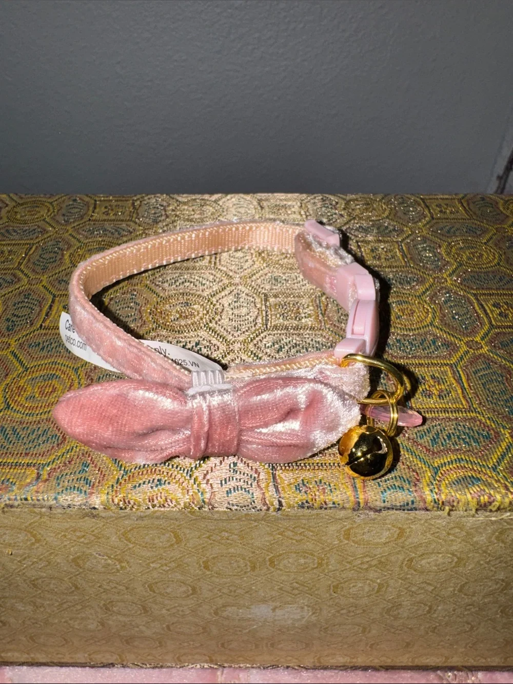 Pink Velvet Bow Cat Collar with Gold Bell
